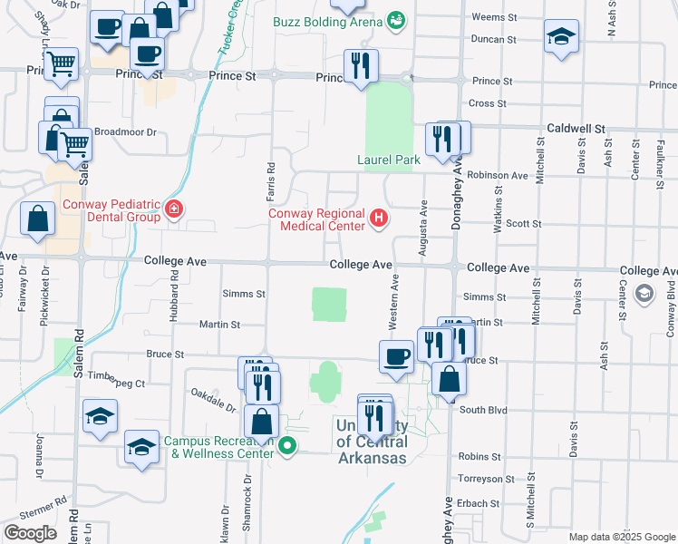map of restaurants, bars, coffee shops, grocery stores, and more near 2300 College Avenue in Conway