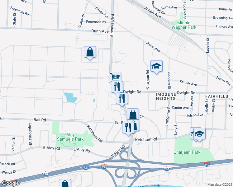 map of restaurants, bars, coffee shops, grocery stores, and more near 2227 Airways Boulevard in Memphis