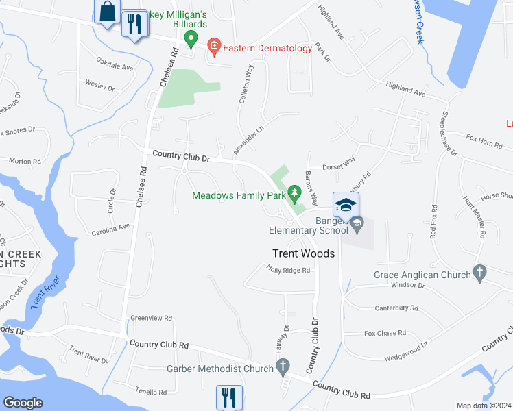 map of restaurants, bars, coffee shops, grocery stores, and more near 1115 Devonshire Drive in New Bern