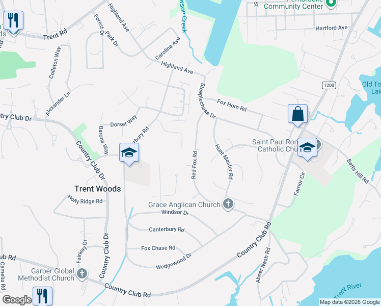 map of restaurants, bars, coffee shops, grocery stores, and more near 3018 Red Fox Road in Trent Woods