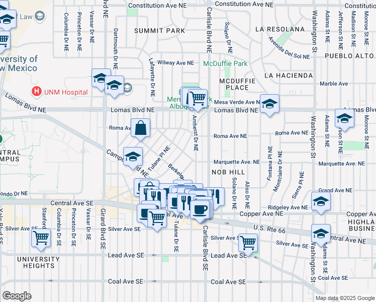 map of restaurants, bars, coffee shops, grocery stores, and more near 3507 Monte Vista Boulevard Northeast in Albuquerque