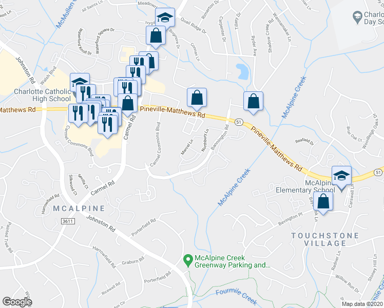 map of restaurants, bars, coffee shops, grocery stores, and more near 7321 Marcel Lane in Charlotte