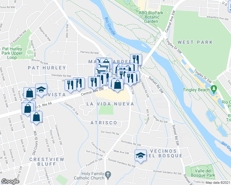 map of restaurants, bars, coffee shops, grocery stores, and more near 4208 Central Avenue Northwest in Albuquerque