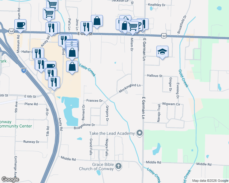 map of restaurants, bars, coffee shops, grocery stores, and more near 27 Hummingbird Lane in Conway