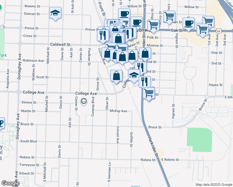 map of restaurants, bars, coffee shops, grocery stores, and more near 508 Locust Street in Conway