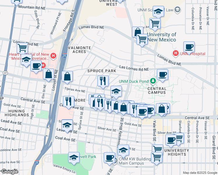map of restaurants, bars, coffee shops, grocery stores, and more near 408 Maple Street Northeast in Albuquerque