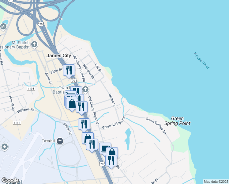 map of restaurants, bars, coffee shops, grocery stores, and more near 818 Neuse Drive in New Bern