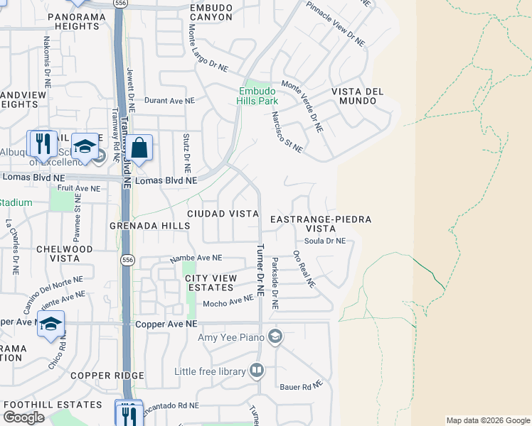map of restaurants, bars, coffee shops, grocery stores, and more near 1121 Turner Drive Northeast in Albuquerque