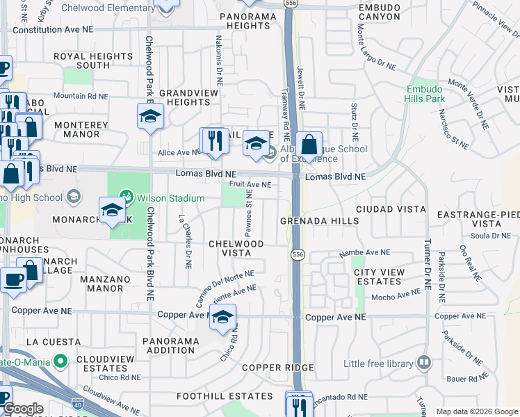 map of restaurants, bars, coffee shops, grocery stores, and more near 13300 Roma Avenue Northeast in Albuquerque