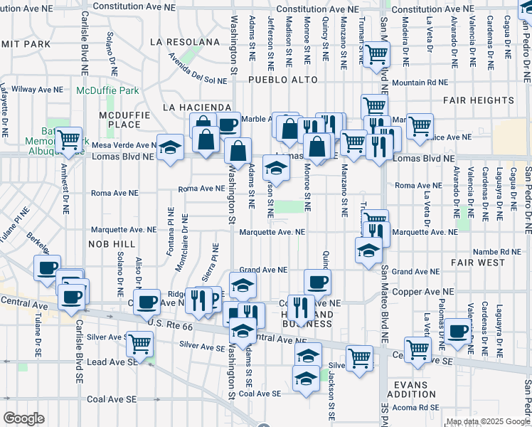 map of restaurants, bars, coffee shops, grocery stores, and more near 441 Jefferson Street Northeast in Albuquerque