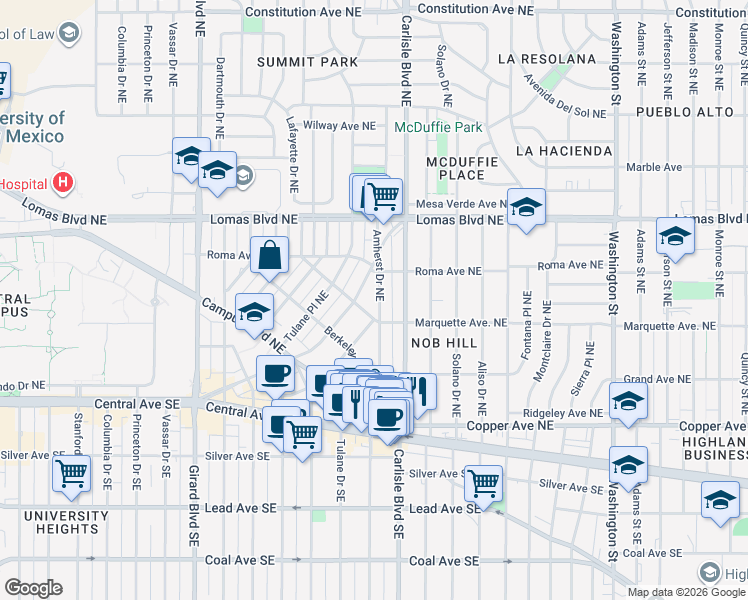 map of restaurants, bars, coffee shops, grocery stores, and more near 432 Amherst Drive Northeast in Albuquerque