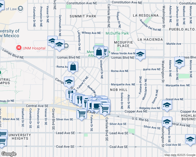 map of restaurants, bars, coffee shops, grocery stores, and more near 3507 Monte Vista Boulevard Northeast in Albuquerque