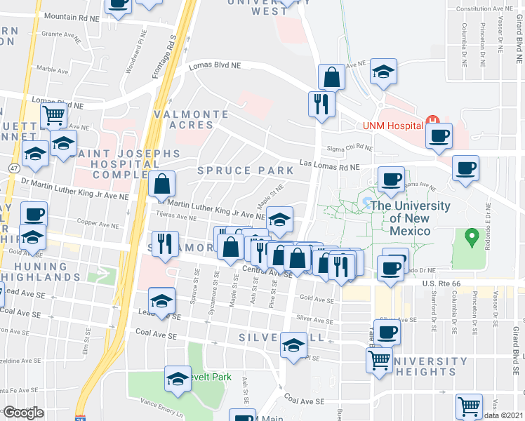 map of restaurants, bars, coffee shops, grocery stores, and more near 411 Maple Street Northeast in Albuquerque