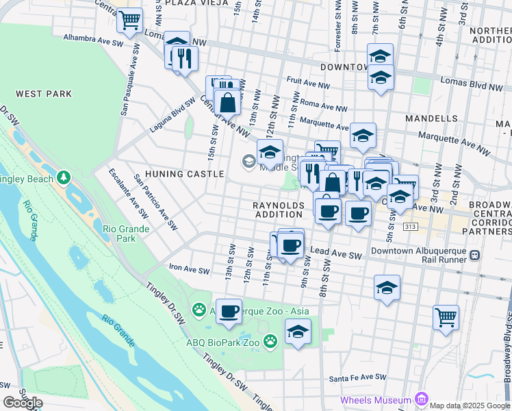 map of restaurants, bars, coffee shops, grocery stores, and more near 1209 Gold Avenue Southwest in Albuquerque