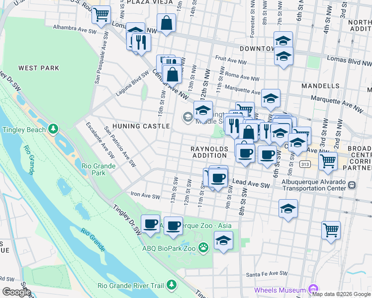map of restaurants, bars, coffee shops, grocery stores, and more near 1209 Gold Avenue Southwest in Albuquerque