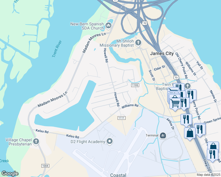 map of restaurants, bars, coffee shops, grocery stores, and more near 701 Howell Road in New Bern