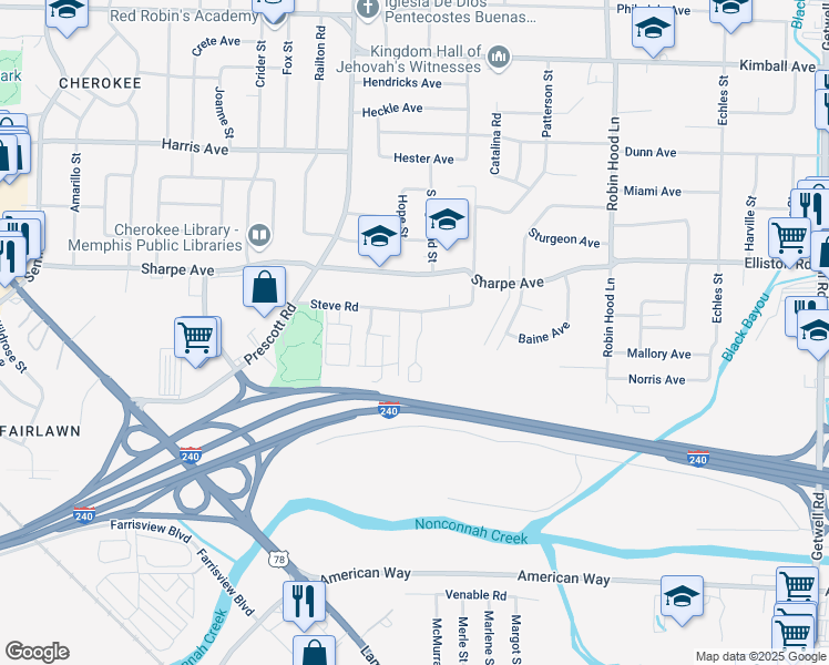 map of restaurants, bars, coffee shops, grocery stores, and more near 3447 Steve Road in Memphis