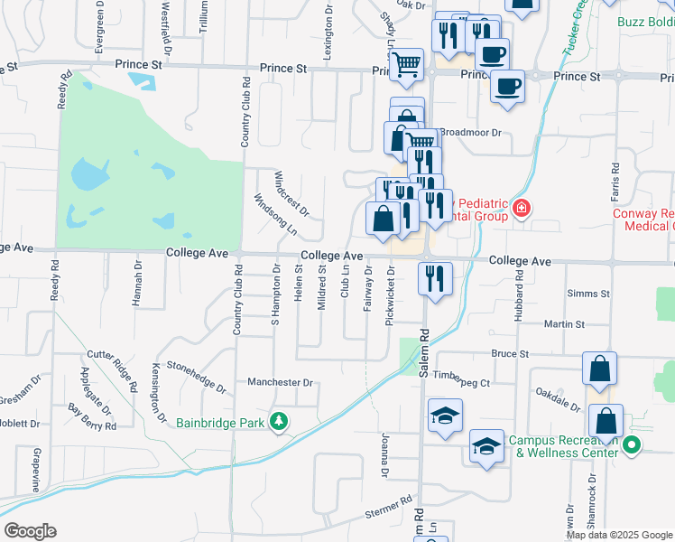 map of restaurants, bars, coffee shops, grocery stores, and more near 3099 College Avenue in Conway