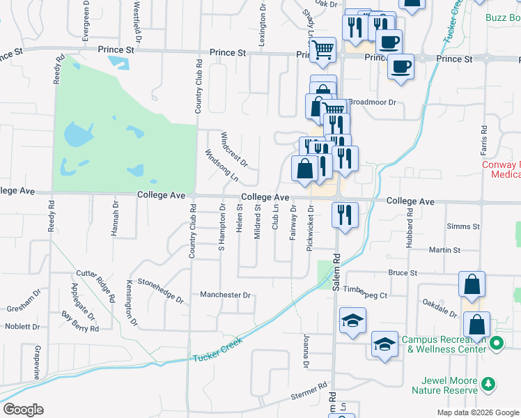 map of restaurants, bars, coffee shops, grocery stores, and more near 3099 College Avenue in Conway