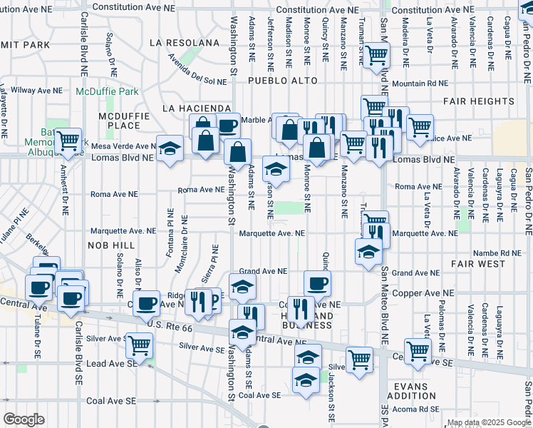 map of restaurants, bars, coffee shops, grocery stores, and more near 441 Jefferson Street Northeast in Albuquerque