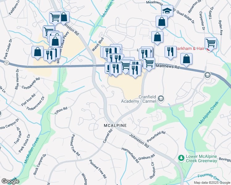 map of restaurants, bars, coffee shops, grocery stores, and more near 7811 Renaissance Court in Charlotte