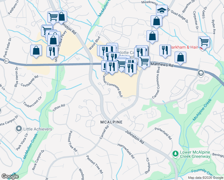 map of restaurants, bars, coffee shops, grocery stores, and more near 7811 Renaissance Court in Charlotte