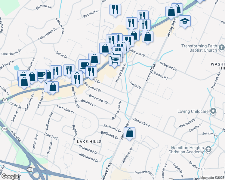 map of restaurants, bars, coffee shops, grocery stores, and more near 4602 Beverly Kay Drive in Chattanooga