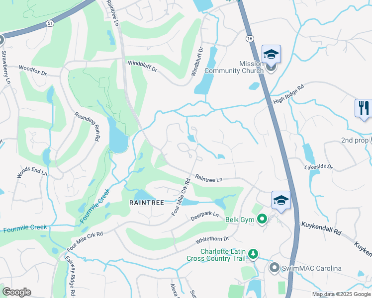 map of restaurants, bars, coffee shops, grocery stores, and more near 9038 4 Mile Creek Road in Charlotte