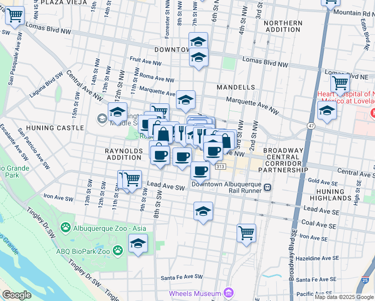 map of restaurants, bars, coffee shops, grocery stores, and more near 610 Central Avenue Southwest in Albuquerque