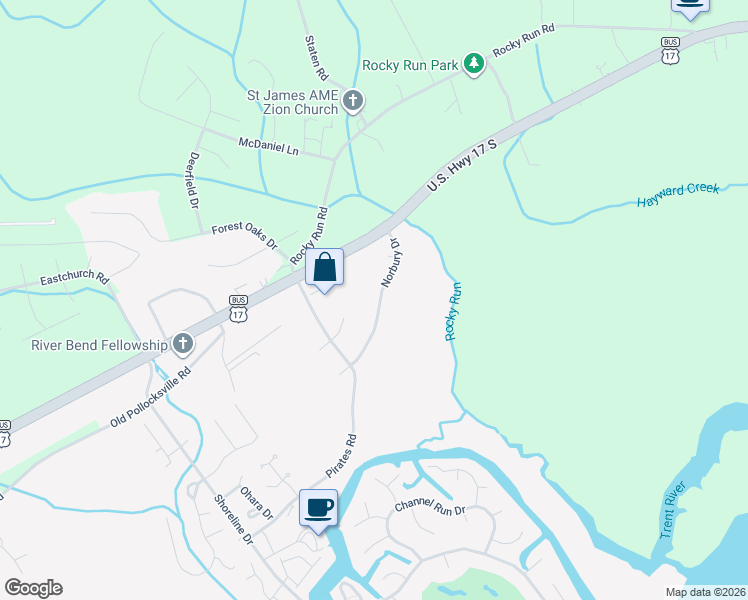 map of restaurants, bars, coffee shops, grocery stores, and more near 116 Norbury Drive in New Bern