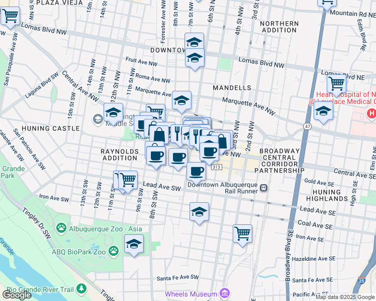 map of restaurants, bars, coffee shops, grocery stores, and more near 610 Central Avenue Northwest in Albuquerque