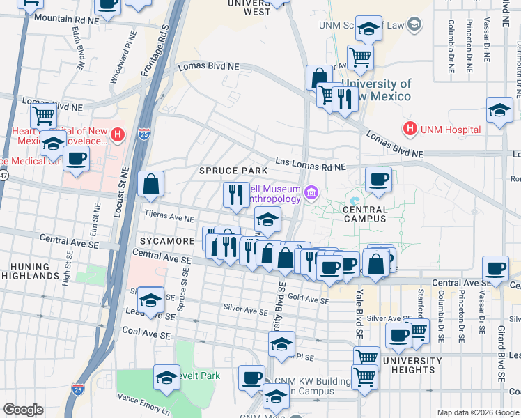 map of restaurants, bars, coffee shops, grocery stores, and more near 405 Ash St NE in Albuquerque