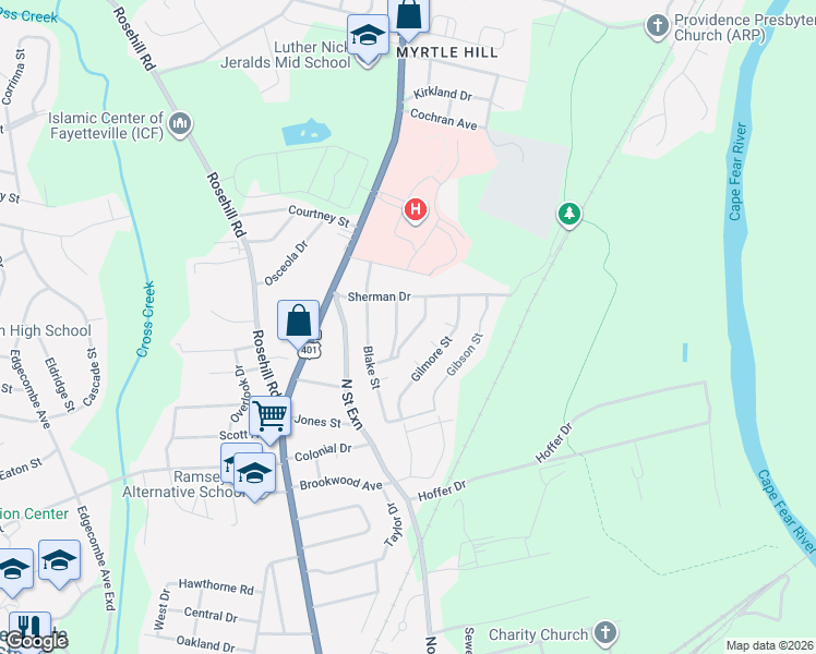 map of restaurants, bars, coffee shops, grocery stores, and more near 1919 Mimosa Lane in Fayetteville