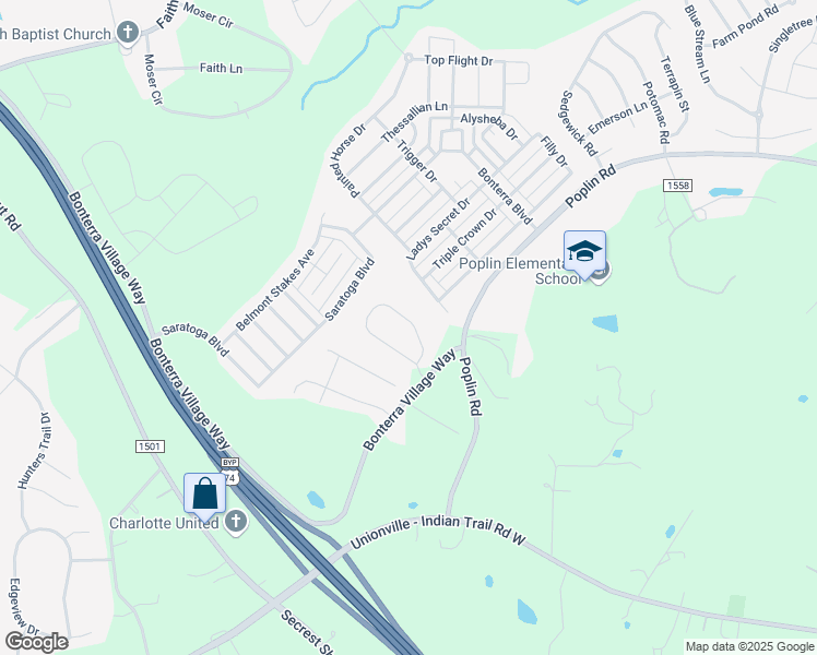 map of restaurants, bars, coffee shops, grocery stores, and more near 5906 Poplin Road in Indian Trail