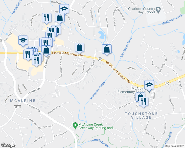 map of restaurants, bars, coffee shops, grocery stores, and more near 6890 Poppy Hills Lane in Charlotte
