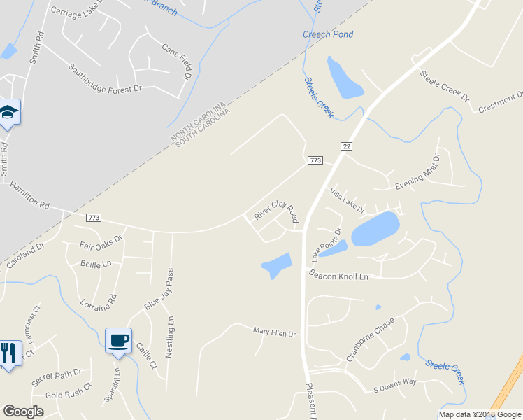 map of restaurants, bars, coffee shops, grocery stores, and more near 304 River Clay Road in Fort Mill