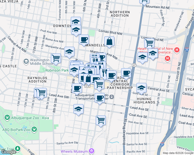 map of restaurants, bars, coffee shops, grocery stores, and more near in Albuquerque