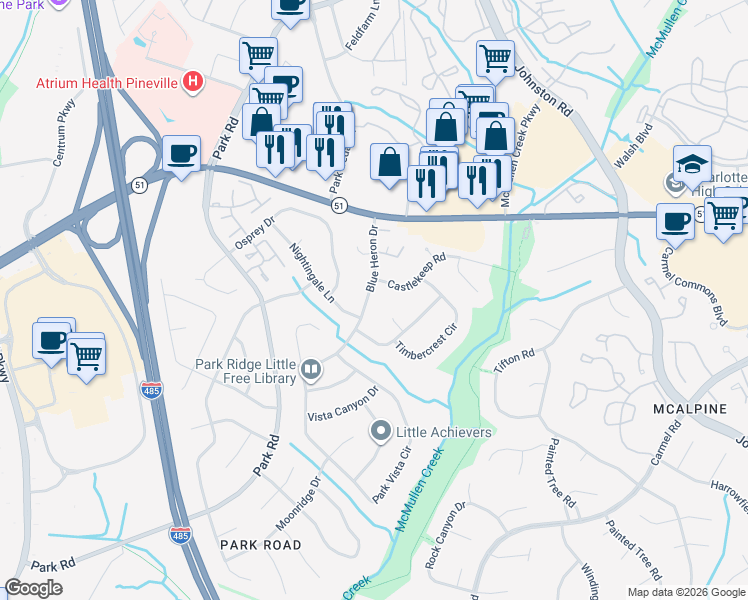 map of restaurants, bars, coffee shops, grocery stores, and more near 10901 Blue Heron Drive in Charlotte