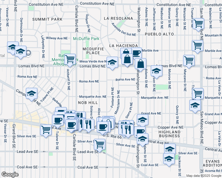map of restaurants, bars, coffee shops, grocery stores, and more near 424 Fontana Place Northeast in Albuquerque