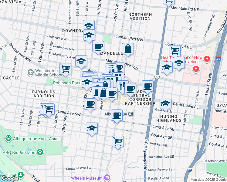 map of restaurants, bars, coffee shops, grocery stores, and more near in Albuquerque