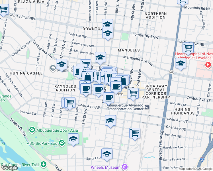 map of restaurants, bars, coffee shops, grocery stores, and more near in Albuquerque