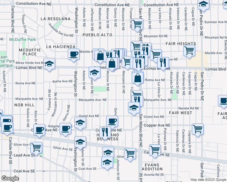map of restaurants, bars, coffee shops, grocery stores, and more near 435 Quincy Street Northeast in Albuquerque