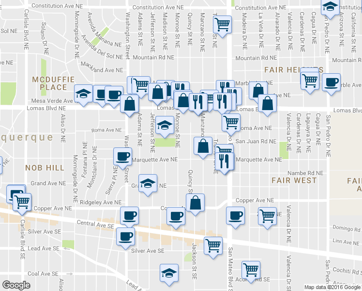 map of restaurants, bars, coffee shops, grocery stores, and more near 435 Quincy Street Northeast in Albuquerque
