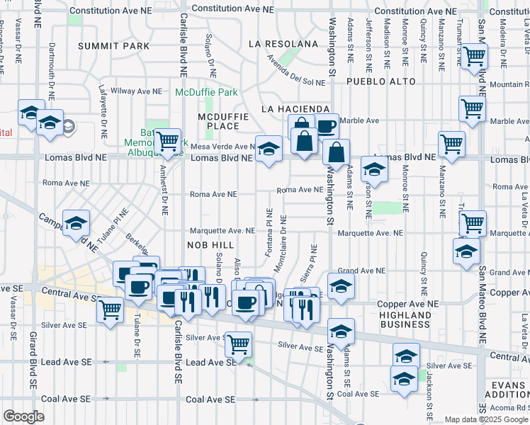 map of restaurants, bars, coffee shops, grocery stores, and more near 424 Fontana Place Northeast in Albuquerque