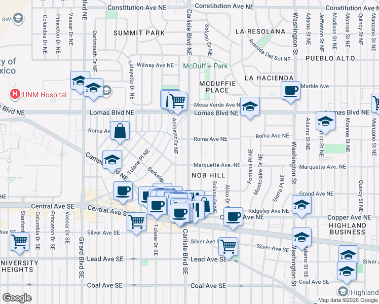 map of restaurants, bars, coffee shops, grocery stores, and more near 433 Hermosa Drive Northeast in Albuquerque