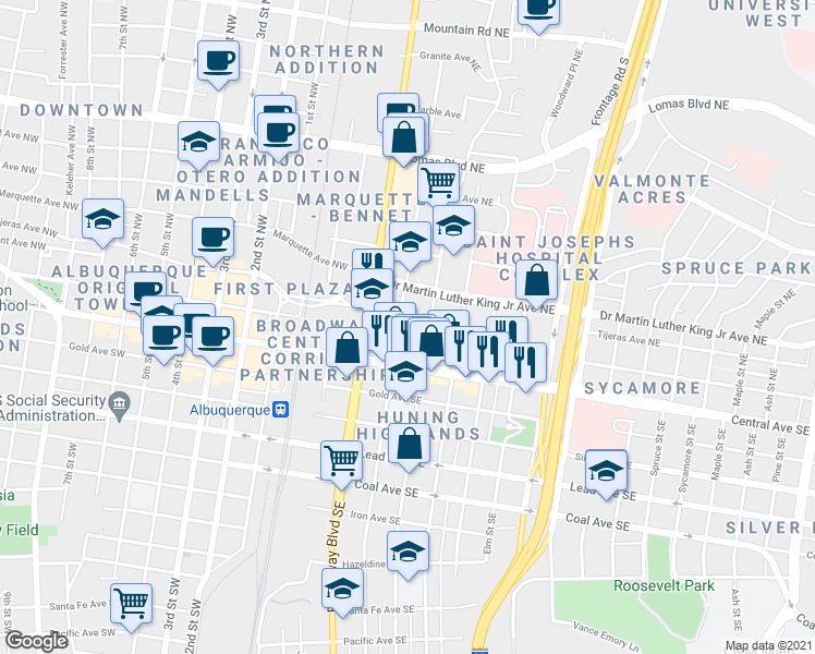 map of restaurants, bars, coffee shops, grocery stores, and more near 411 Tijeras Avenue Northeast in Albuquerque