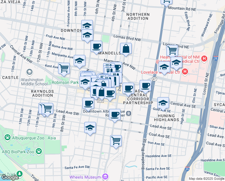 map of restaurants, bars, coffee shops, grocery stores, and more near in Albuquerque