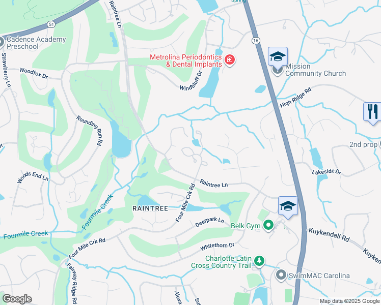 map of restaurants, bars, coffee shops, grocery stores, and more near 9038 4 Mile Creek Road in Charlotte