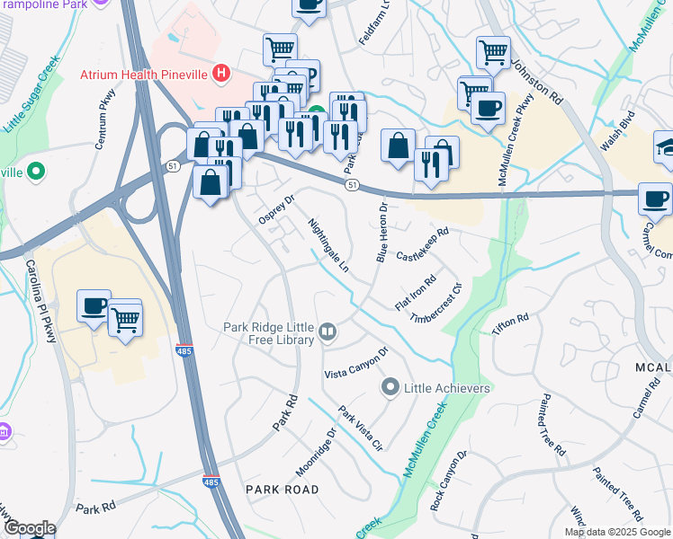 map of restaurants, bars, coffee shops, grocery stores, and more near 8717 Nightingale Lane in Charlotte