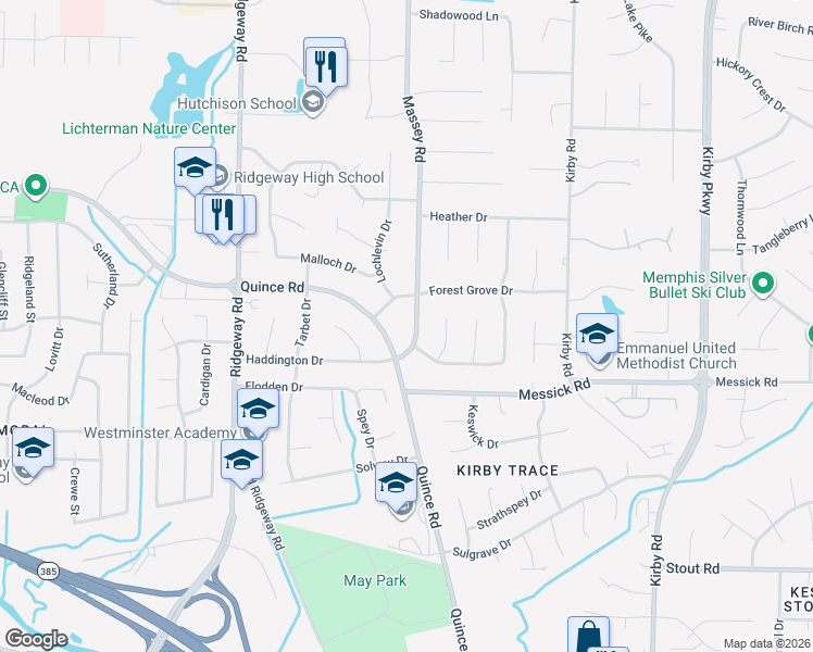 map of restaurants, bars, coffee shops, grocery stores, and more near 2342 Massey Road in Memphis